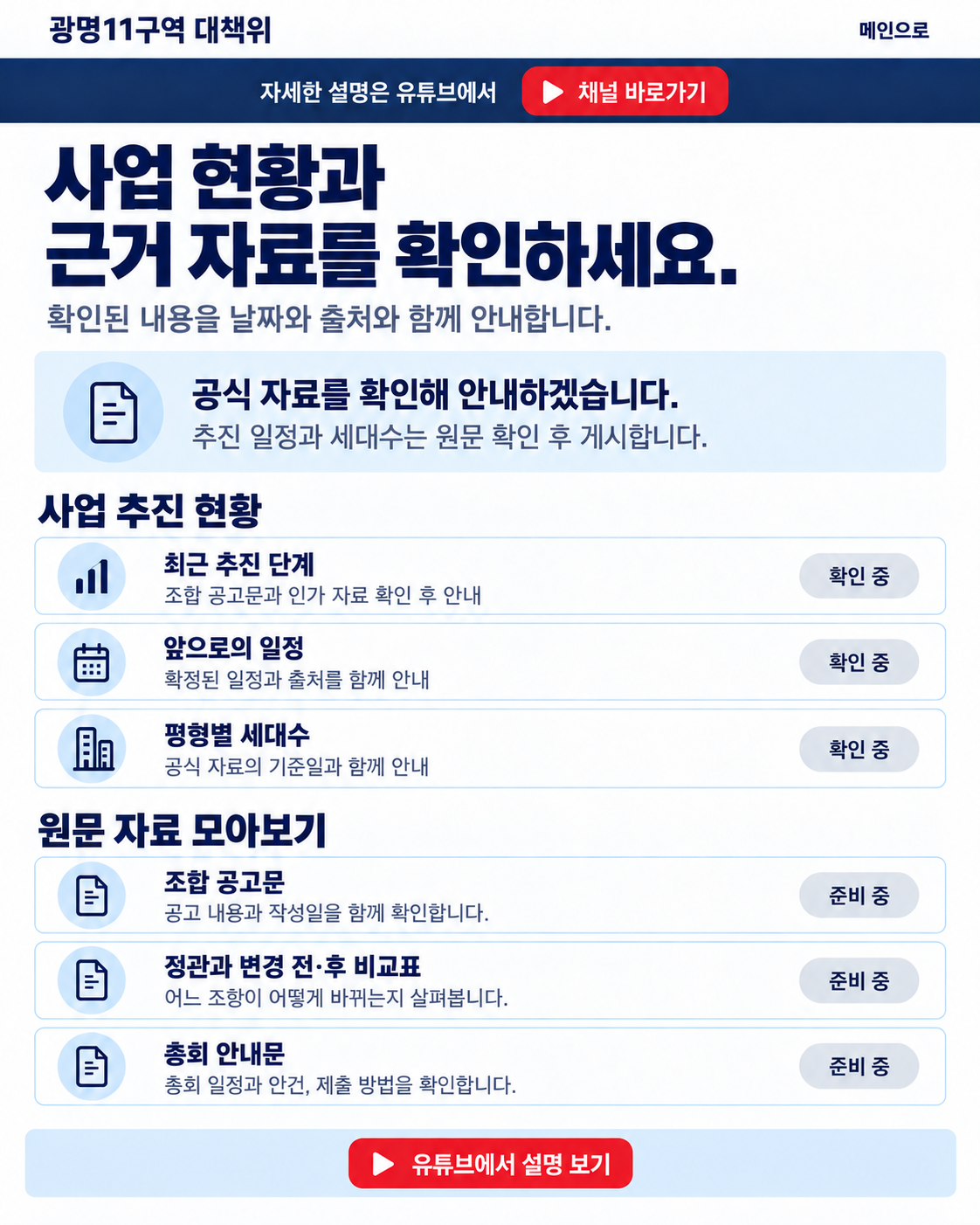 사업 현황과 근거 자료를 확인하세요. 공식 자료를 확인해 안내하겠습니다. 추진 일정과 세대수는 원문 확인 후 게시합니다. 사업 추진 현황: 최근 추진 단계, 앞으로의 일정, 평형별 세대수는 확인 중입니다. 원문 자료 모아보기: 조합 공고문, 정관과 변경 전·후 비교표, 총회 안내문은 준비 중입니다.